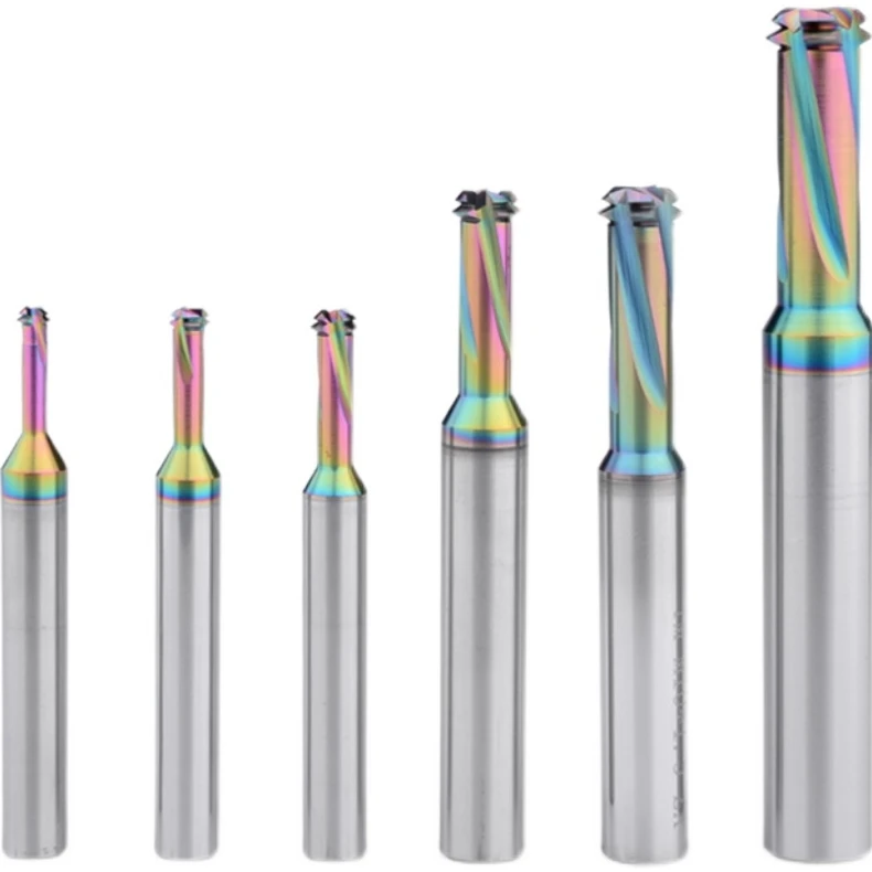 Multi-functional Three-in-one Threaded Milling Cutter Seven-color Carbide Coated AlTin 2 Flutes 45HRC OEM Does Not Require