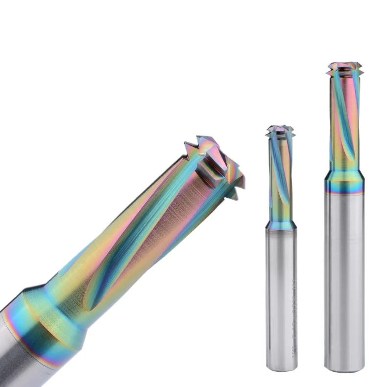 Multi-functional Three-in-one Threaded Milling Cutter Seven-color Carbide Coated AlTin 2 Flutes 45HRC OEM Does Not Require